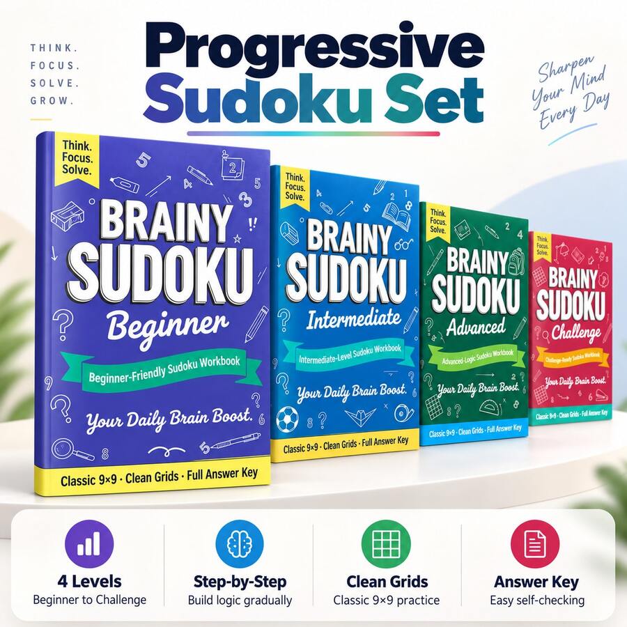 Sudoku Logic Puzzle Notebooks, Progressive 9x9 Number Games, Beginner To Challenge Levels, Brain Training, Focus, Reasoning & Problem-Solving Practice, Clear Grids With Answer Key, Home, Classroom & Travel - 4 Difficulty Levels - View 1