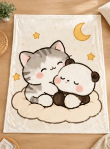 > Adorable Cat Panda Sleeping Cloud Stars Fleece Throw Blanket Warm Soft Cozy Decorative - White - View 6