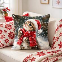 1PC Cute Christmas Cat With Red Santa Hat And Scarf Winter Snowflake Print Pillow Cover, Sofa Couch Cushion Home Decor - Multicolor - View 9