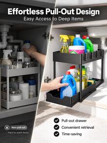 Minimalist Double-Layer Pull-Out Storage Rack, Kitchen Sink Bathroom No-Drill Organizer, Drawer Style, 4 Detachable Hooks, Raised Edges, Bottom Hollow Drainage Holes, Recessed Handles, Suitable For Kitchen Sink, Bathroom Vanity, Office Desk, Rental Apartment Dormitory And Other Home Scenes, Space-Saving And Convenient Access, Home Daily, Christmas, Holiday Pull-Out Storage Rack - Multicolor - View 7