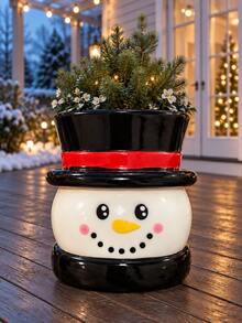 1pc Ceramic Christmas Snowman Planter, Smiling Face Flower Pot With Top Hat Design, Festive Porch And Entryway Decor For Small Plants, Available In Red, Black Or Green - A - View 5