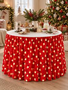 1pc Christmas Print Pleated Table Skirt, Gift Box Snowflake, Red Background String Lights Star And White Background Christmas Tree Pattern Optional, Suitable For Round And Rectangular Tables, Buffet Tables And Indoor/Outdoor Christmas Party Decoration - C - View 14
