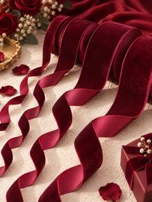 1 Roll Burgundy Plush Ribbon - Single-Sided Deep Wine Red Soft Plush Fabric Ribbon With Satin Backing, For Victorian Christmas Tree Bows, Holiday Gift Wrapping, Wreaths And Sewing Crafts - Flocked - View 2