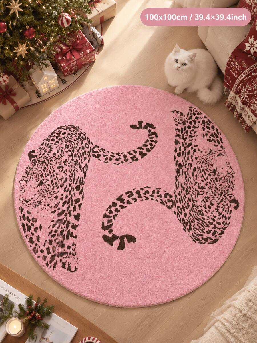 1pc Velvet Sweet Cool Pink Base Double Black Leopard Round Rug, Vintage Personalized Leopard Print Leopard Pattern, Living Room Bedroom Makeup Chair Decor Mat, Rugs, Carpet, Rugs Living Room Large, Rugs Living Room, Rugs For Bedroom, Bedroom Rug, Rug For Bedroom, Carpet Living Room, Carpet For Bedroom, Kitchen Mat, Bathroom Mat, Room Decor, Kitchen Rug, Hallway Runner - Multicolor - View 1