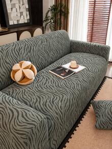 1pc Green Zebra Print Sofa Cover + 1pc Matching Pillowcase Without Filling, Modern High Elasticity Removable Washable All-Season Jacquard Sofa Cover, Autumn/Winter Vibe, Suitable For Patio, Garden, Poolside, Living Room And More Occasions - Multicolor - View 1