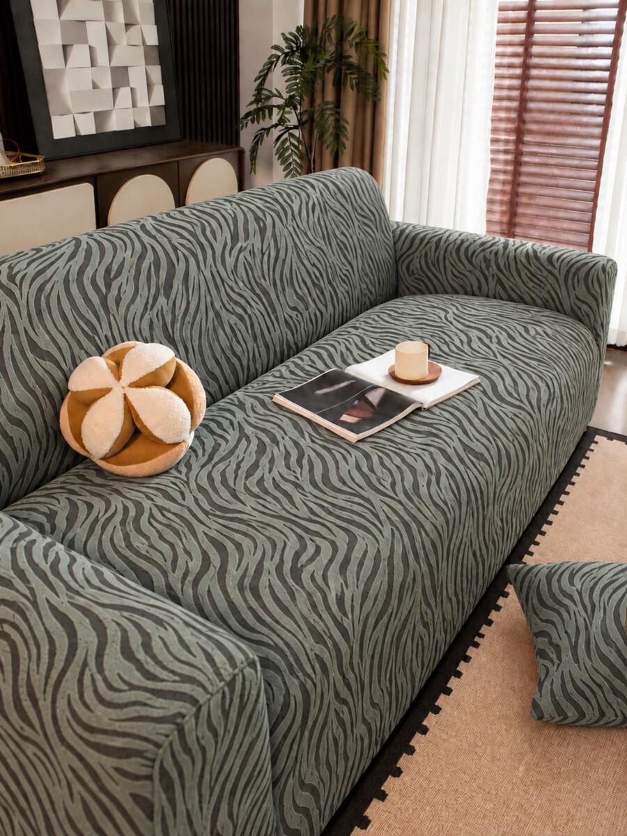 1pc Green Zebra Print Sofa Cover + 1pc Matching Pillowcase Without Filling, Modern High Elasticity Removable Washable All-Season Jacquard Sofa Cover, Autumn/Winter Vibe, Suitable For Patio, Garden, Poolside, Living Room And More Occasions - Multicolor - View 1