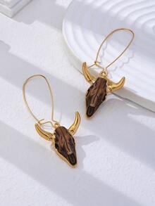1 Pair Western Bull Skull Pendant Earrings, Vintage Long Hoop Earrings, Exaggerated Style Daily Wear Ear Jewelry - Multicolor - View 1