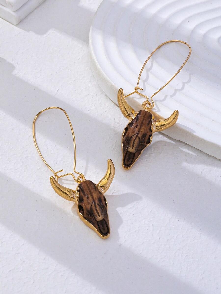 1 Pair Western Bull Skull Pendant Earrings, Vintage Long Hoop Earrings, Exaggerated Style Daily Wear Ear Jewelry - Multicolor - View 1