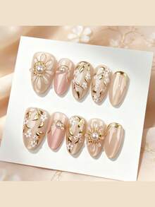 10 Pcs Medium Almond Fall Press On Nails, Floral Fake Nails, Milk White Base, Gold Leaf Pattern, White Flower, 3D Flower Emboss, Pearl Accent, High Gloss Reusable False Nail Tips For Wedding Date Evening Daily Wear - Multicolor - View 3