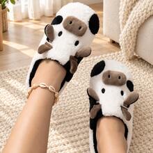 Comfortable Winter Cartoon Cute Cow Plush Slippers - Soft Warm Home Shoes, Fabric Sole, Hand Washable, Unisex - White - View 4