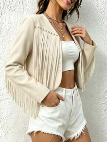 elfnokto Women's Fashion Solid Color Tassel Studded Front Open Short Jacket - Khaki - View 5