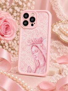 1pc Virgin Mary Phone Case Pink Lace Praying Virgin Mary Christian Print Protective Shell Vintage Sweet Faith Style Phone Accessory Compatible With Iphone 17 16 15 14 13 12 11/Pro/ProMax/X/XR/XS/XSMAX/7/8/PLUS Compatible With Samsung/Honor - Pink - View 3