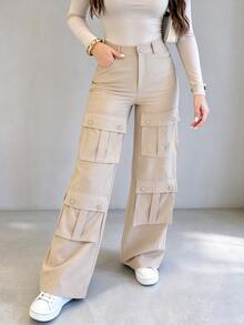 Women's Solid Color Fashion Long Cargo Pants, Multi-Pocket Design Loose Straight Leg Trousers - Apricot - View 4