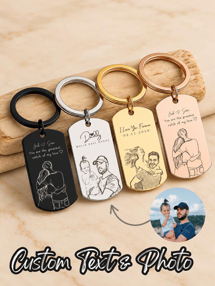 1pc Personalized Custom Figure Silhouette Keychain, Engraved Figure Silhouette And Quote Pendant, Custom Date And Commemorative Text, Rectangular Tag Keychain, Suitable For Car Keys, House Keys, Backpack Charms, Couple Commemorative Gift, Father's Day Gift, Mother's Day Gift, Birthday Gift, Valentine's Day Gift, Anniversary Gift, Christmas Gift, Exclusive Commemorative Gift For Dad, Mom, Boyfriend, Girlfriend, Husband, Wife - Multicolor - View 1