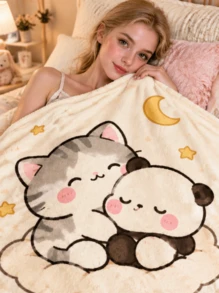 > Adorable Cat Panda Sleeping Cloud Stars Fleece Throw Blanket Warm Soft Cozy Decorative - White - View 4