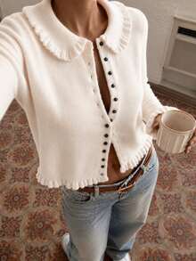 Women's Autumn/Winter Fashion New Elegant Button Ruffle Casual Cardigan For Dating And Daily Wear - White - View 1