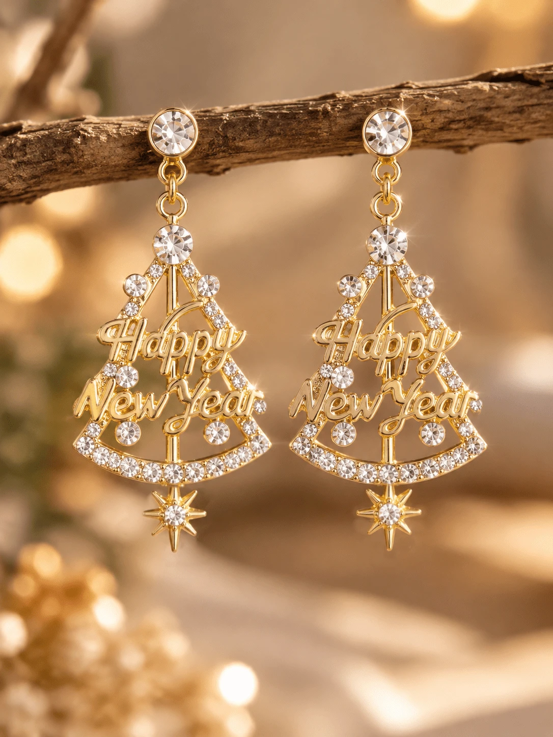 Gold Rhinestone Christmas Tree Pendant Earrings, Happy New Year Letter Pendant, Crystal Water Drop Exaggerated Jewelry, Women's Holiday Party Gift - Gold - View 1