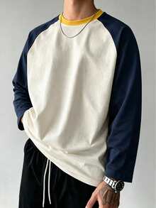 Men's Navy Blue & Apricot Contrast Yellow Collar Raglan Long Sleeve T-Shirt, Back David Statue Print Casual Versatile Top - Apricot - View 2