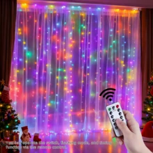 1 Pack, 300/200/100 LED Christmas Curtain Lights With Remote Control, USB Powered, 8 Lighting Modes, Timer Hanging Fairy String Lights For Bedroom, Wall, Wedding, Party, Christmas Decoration - Multi-color light - View 4