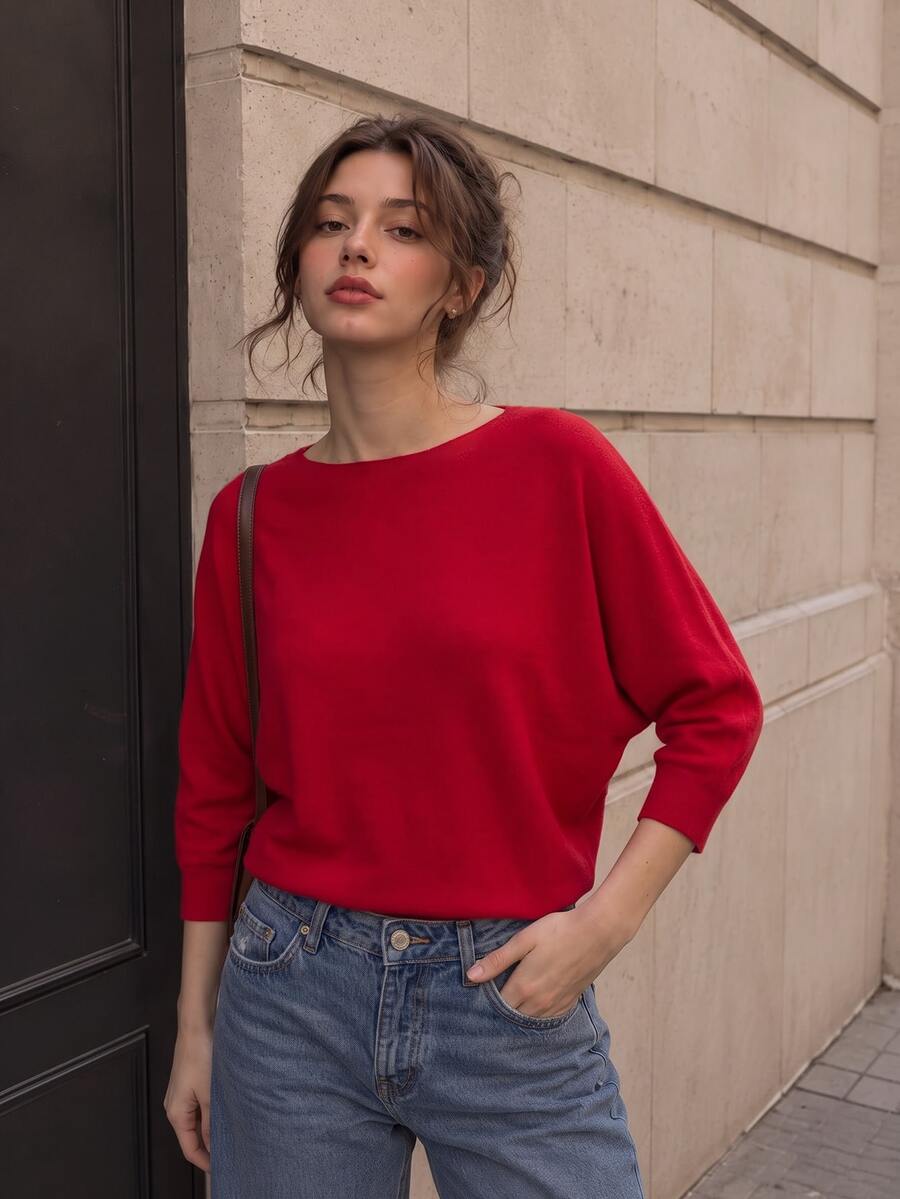 女款極簡船領長袖寬鬆針織毛衣聖誕穿搭紅色上衣 - 紅色 - 查看 1