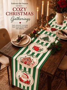 1pc/2pcs Christmas Table Runner 13x72 Inch Santa Gingerbread House Print, Red White Striped Holiday Table Decor, Vintage Farmhouse Christmas Dining Room Decoration, Winter Home Party Supplies - Green Stripes - View 6