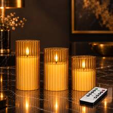 3 Pieces Set Of Vertical-Striped Flameless LED Candles (With Remote Control) – Realistic Flickering Flame, Battery-Operated (AA Batteries Not Included); Suitable For Halloween, Christmas, Weddings, Bedrooms, Tabletop Decor, And Festive Celebrations. - Multicolor - View 8