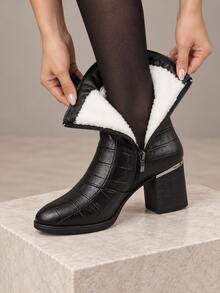 Women's Ankle Boots, Block Heel Boots With Side Zipper And Button Details, British Style Leather Look Boots For Casual Daily Wear And Office Outfits - Black - View 2