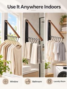 Retro Foldable Wall-Mounted Clothes Hanger, Black Walnut Wood Grain + Aluminum Alloy Frame Design, Collapsible Extendable Drying Rack, Suitable For Wall, Door, Window And More, Space-Saving Storage Rack.Balcony Clothes Rack Bathroom Clothes Rack Kitchen Bedroom Drying Rack Foldable Clothes Rack Christmas Holiday Home Supplies Small Space Dedicated - Multicolor - View 10