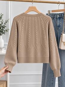 Áo khoác cardigan len vặn thừng nữ có khóa kéo, cổ tròn, tay dài phồng, gấu bo gân, dáng ngắn - Màu be - Xem 3