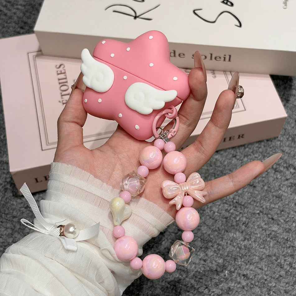 1 buah Tali Pergelangan Tangan Berlian Merah Muda Rantai Motif Polka Dot Bintang Sayap Silikon Pelindung Earphone Kompatibel Dengan Apple 1/2 Pro, 3/Pro (Generasi ke-2), 4/Pro, 3/5