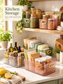 1pc Vertical Striped Transparent Storage Box With Gold Oval Handle, Minimalist Luxury Rectangular Design, Available In Transparent White, Transparent Green, Transparent Pink, Open Storage Basket, Clear Visibility, Easy Access, Stackable Organization, Suitable For Skincare, Cosmetics, Clothing, Towels, Snacks And Daily Sundries Classification Storage, Applicable To Wardrobe Shelves, Bathroom Countertops, Dressing Table, Kitchen Storage Racks, Bedroom, Desk, Enhancing Home Tidiness And Space Utilization - Multicolor - View 6