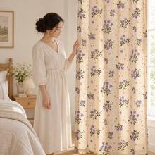NOSBEI 2PCS Purple Blossom Print Faux Linen Sheer Window Panels, Grommet Curtain Panels, Cozy Home Decor, 52"W * 108"L - Multicolor - View 7
