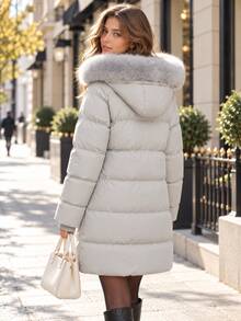 Women's Winter Thick Coat With Detachable Hood, Warm Padded Jacket - Light Grey - View 3