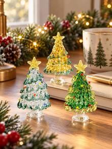 1pc Handmade Glass Crystal Christmas Tree Decoration With Star Ornament, Available In Transparent And Green, Suitable For Home Desktop Display Or Window Showcase, Creates Festive Christmas Atmosphere, Ideal Gift For New Year Holiday - Multicolor - View 8