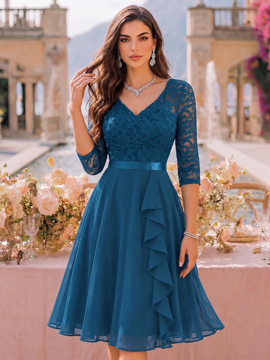 MIUSOL Sweetheart Neckline Floral Lace Ruffle Semi-Formal Party Dress, Homecoming Dance Dress, Suitable For Birthday, Wedding Guest, Dinner - Dusty Blue - View 1