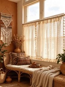1PC Bohemian Tassel Half Curtain, Short Sheer Curtain For Kitchen, Bedroom, Living Room, Balcony, Cabinet, Suitable For Holiday Party, Home Daily Decoration, Easy To Assemble And Disassemble, Washable And Reusable - Beige - View 8