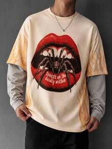 Krometka Men's American Vintage Red Lips Spider Print 2 In 1 Long Sleeve T-Shirt, Side Flame Pattern High Street Top - Apricot - View 2