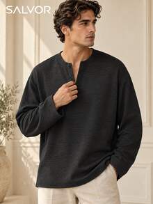 1pc T-Shirt, Solid Color Henley Collar Three-Button Design Loose Fit Long Sleeve Top, Faux Linen Textured Fabric, Skin-Friendly Soft Anti-Deformation, Elegant Slouchy Old Money Style, Suitable For Daily Commute And Friend Gatherings, Machine Washable And Dry Cleanable - Black - View 2