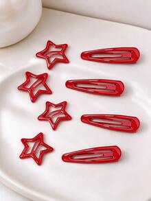 8pcs Girls' Metallic Sweet-Cool Star BB Clips, Red Teardrop And Star Resin Hairpins, Simple And Versatile Y2K BB Clips - Multicolor - View 6