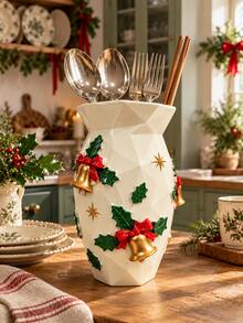1pc Christmas Kitchen Utensil Holder, Gingerbread Man Or Holly Bells Cutlery Organizer For Countertop, Spoon Fork Chopstick Storage Crock, Festive Holiday Kitchen Decor, Christmas Home Accessories - Multicolor - View 6