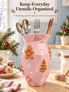 1pc Christmas Kitchen Utensil Holder, Gingerbread Man Or Holly Bells Cutlery Organizer For Countertop, Spoon Fork Chopstick Storage Crock, Festive Holiday Kitchen Decor, Christmas Home Accessories - Multicolor - View 2