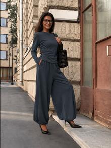 Women's Grey 2 Pieces Set, Round Neck Long Sleeve Top, Waist-Flattering Design, Comfortable Medium Stretch Fabric - Grey - View 4