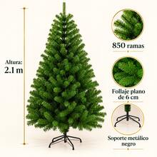 Árbol de Navidad Artificial Verde de 2.1 m con 850 Ramas, Follaje Plano de 6 cm y Soporte Metálico Negro, Fácil de Montar y Reutilizable para Hogar, Oficina y Tienda - 850 Ramas - Ver 8