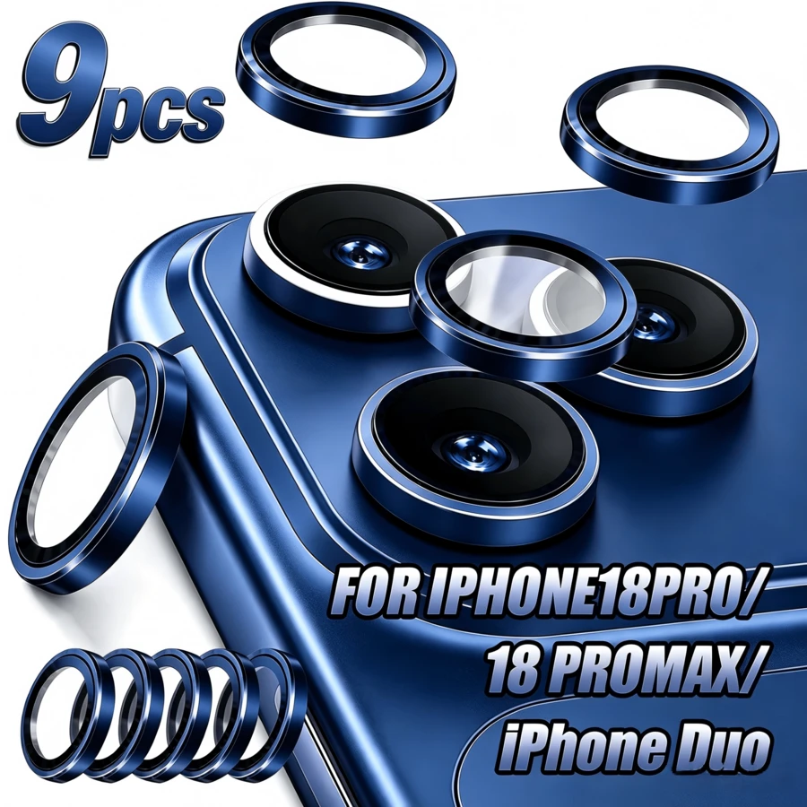 9片裝藍色相機鏡頭保護膜,相容於 Phone 13 14 15 16 17 Promax Pro 16 Plus 16E 17 Air 17E 18Pro 18Pro Max、Phone Duo,亮面相機鏡頭保護膜,相容於 保護殼,螢幕保護膜,9H 鋼化玻璃相機蓋 - 藍色 - 查看 1