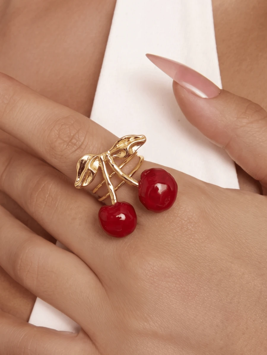 1 buah Cincin Terbuka Ceri Merah Manis yang Modis, Elegan, dan Imut, Cocok untuk Pemakaian Sehari-hari Wanita dan Aksesori Serbaguna - Merah - View 1