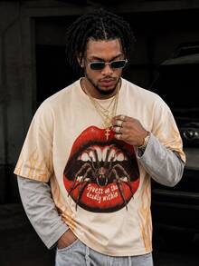 Krometka Men's American Vintage Red Lips Spider Print 2 In 1 Long Sleeve T-Shirt, Side Flame Pattern High Street Top - Apricot - View 4