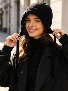 1pc Oversized Sichuan Style Ear-Flap Warm Knit Hat, Makes Face Look Smaller, Lei Feng Hat With Ties, Cold Weather Hat, Windproof, Sun Protection, UV Protection, 3D Design, Foldable, Fashionable, Versatile, Elegant, Soft And Comfortable, Breathable, Multi-Functional, Brightening, Suitable For Beach, Outing, Hiking, Cycling, Travel, Commuting, Outdoor, Street, Dating, Trekking And Various Occasions - Multicolor - View 2