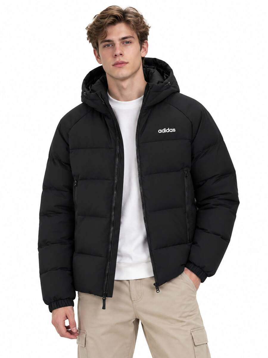 Adidas New Men's Hooded Down Jacket, Winter Water-Repellent Casual Sports Outerwear - Black - View 1