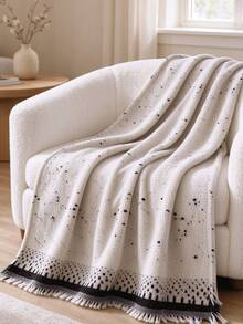 1pc Beige Black Polka Dot Tassel Blanket, Minimalist Jacquard Border Design, Multi-Purpose Autumn/Winter Home Decor, Holiday Gift, Perfect For Daily And Holiday Use, Home Decoration - Black and White - View 2