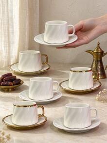 90ml Twisted Embossed Lead-Free Ceramic Coffee Cup And Saucer, Available In Gold Rim And Pure White Versions. Made Of High-Quality Lead-Free Ceramic, Dishwasher , And Perfect For Enjoying Various Hot Beverages Such As Coffee, Turkish Tea, Espresso, And Arabica. (Matchings Available: Home & Living Festival/White Friday/Halloween/Singles' Day/Thanksgiving) - Multicolor - View 7